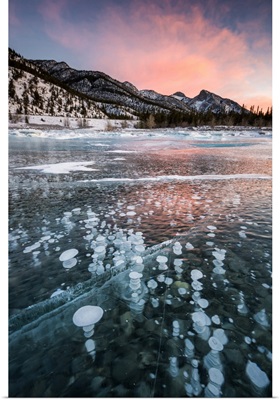 Abraham Lake In Winter With Frozen Methane Bubbles In The Canadian Rockies