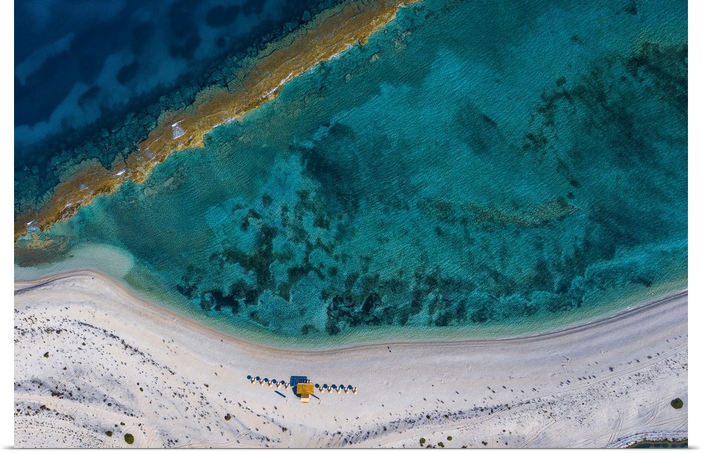 Aerial view of a secluded spectacular beach with corals in Lefkada in Greece.