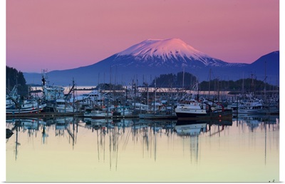 Alpenglow Sunrise On Mt. Edgecumbe And The Small Boat Harbor In Sitka, Alaska