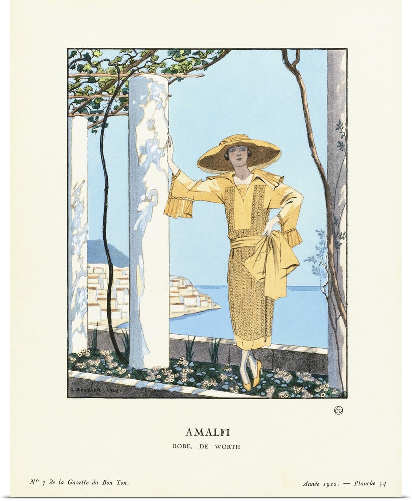 Amalfi.  Amalfi, Campania, Italy. Robe de Worth.  Dress by Worth.  Art-deco fashion illustration by French artist George B...