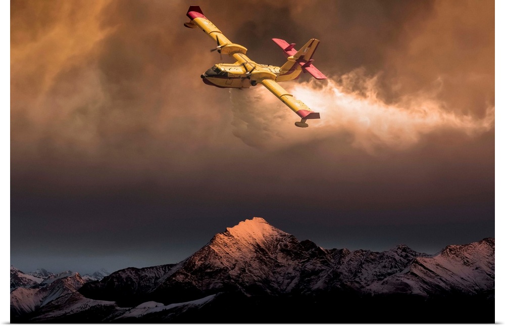 An aircraft dropping water on a forest fire in the mountains below, composite image.