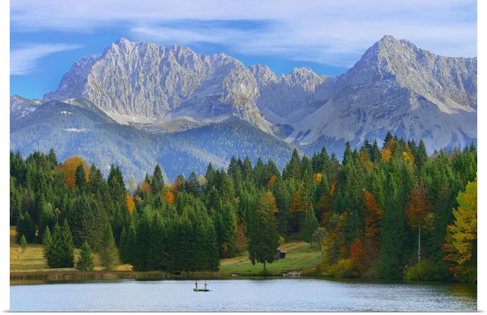 Anglers, Lake Geroldsee with Karwendel Mountain Range, near Garmisch-Partenkirchen, Werdenfelser Land, Upper Bavaria, Germany