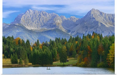 Anglers, Lake Geroldsee With Karwendel Mountain Range, Upper Bavaria, Germany