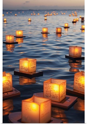 Annual lantern floating ceremony during sunset at Ala Moana, Oahu, Hawaii