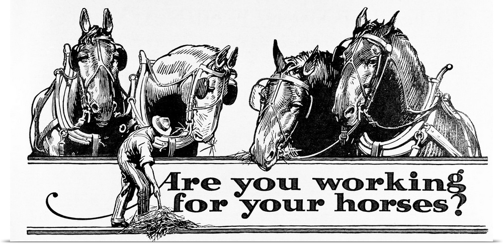 Advertisement with illustration of farmer and horses in early 20th century.