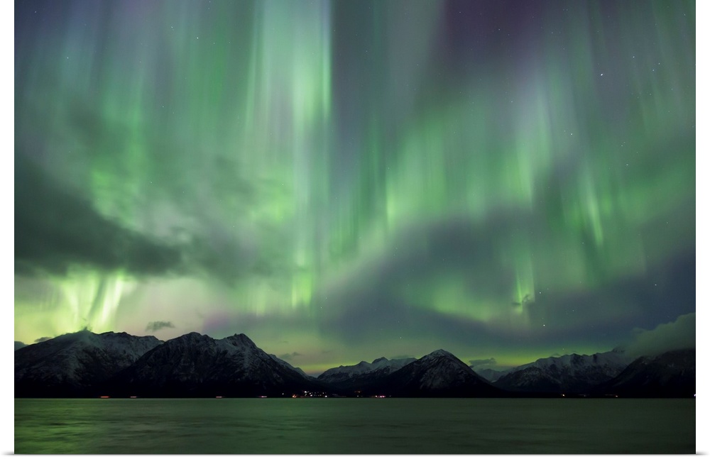 Aurora Borealis dancing above the Chugach Mountains and Turnagain Arm, Kenai Peninsula, Southcentral, Alaska