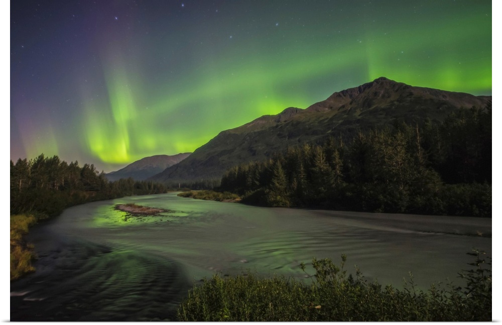 Aurora Borealis Over Portage Creek In Chugach National Forest, Alaska
