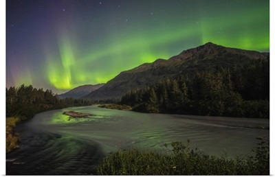 Aurora Borealis Over Portage Creek In Chugach National Forest, Alaska