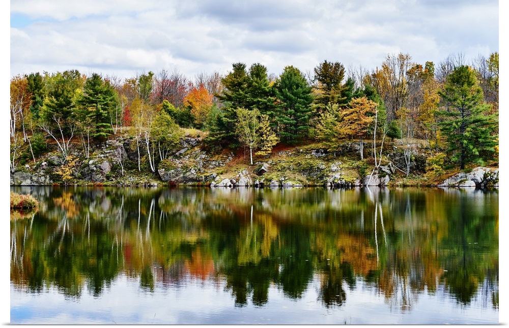 Autumn coloured foliage and clouds in Frontenac Provincial Park reflected in tranquil water; Ontario, Canada