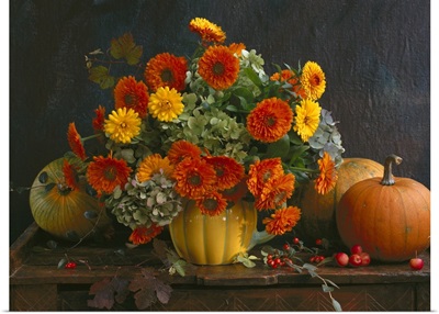 Autumn flower bouquet with pumpkins