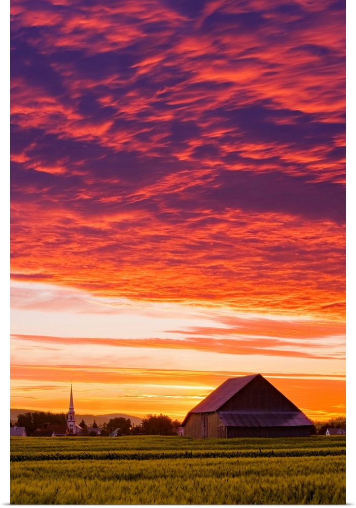 Barley Fields, Barn, Church And Colourful Sky At Dusk, Quebec, Canada