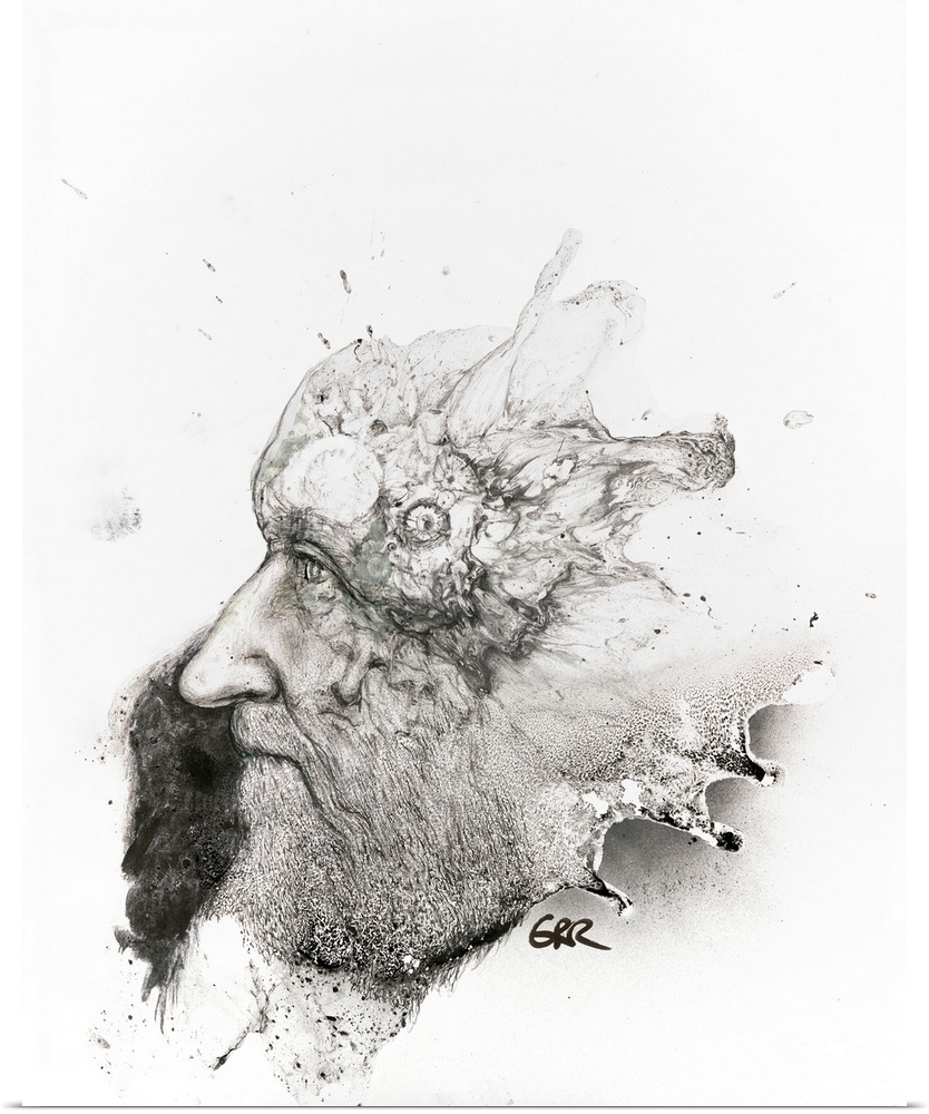 Black and white illustration of a man's face and head with splashing patterns over the skull.