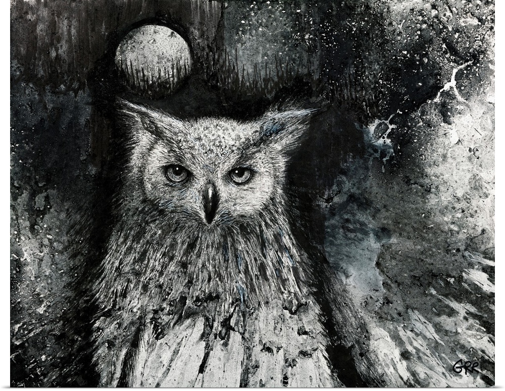 Black And White Illustration Of An Owl And  Full Moon In The Night Sky.