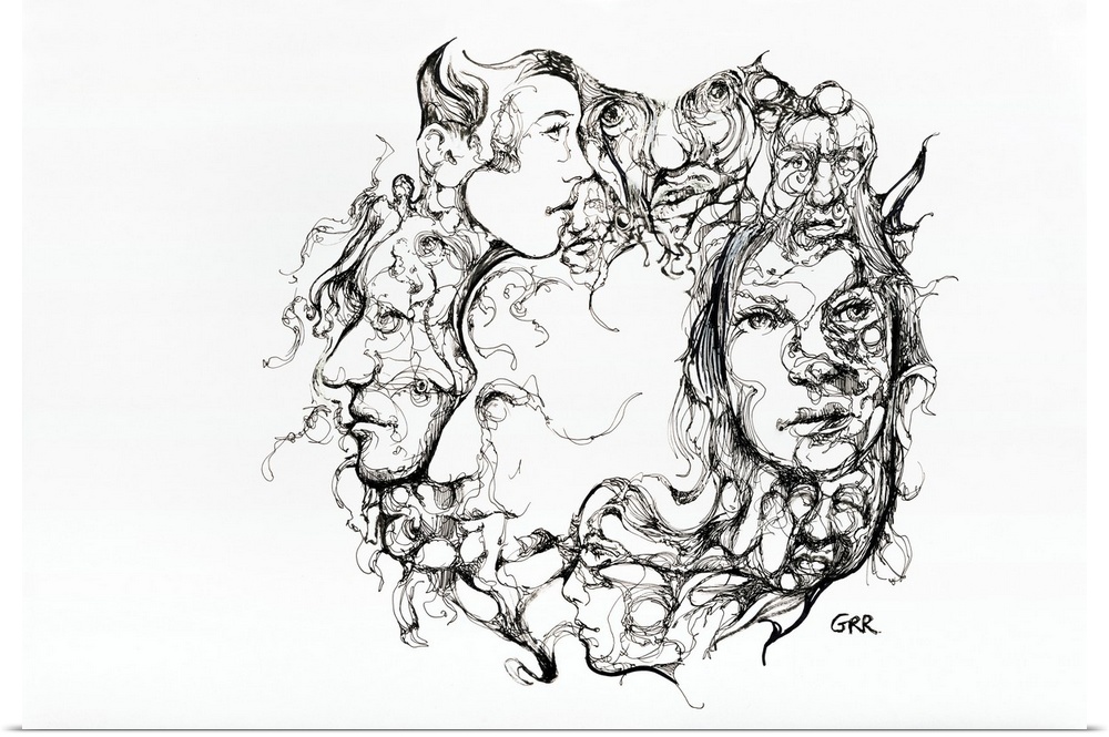 Black and white illustration of numerous human faces in a circular shape.