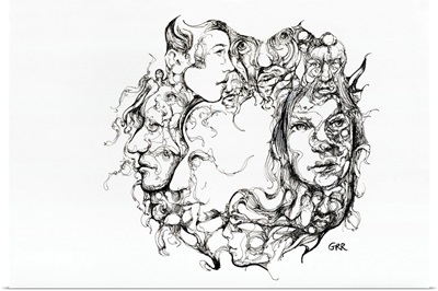 Black And White Illustration Of Numerous Human Faces In A Circular Shape