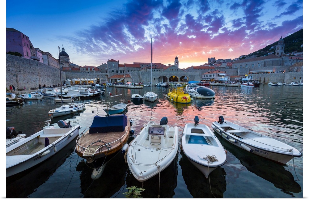 Boats in Harbour at Sunset in Dubrovnik, Dalmatia, Croatia