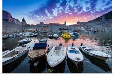 Boats In Harbour At Sunset In Dubrovnik, Dalmatia, Croatia