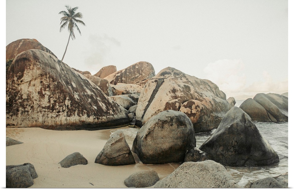 Close-up view of the large, boulders on the seaside shores of The Baths, a famous beach in the BVI's, Virgin Gorda, Britis...
