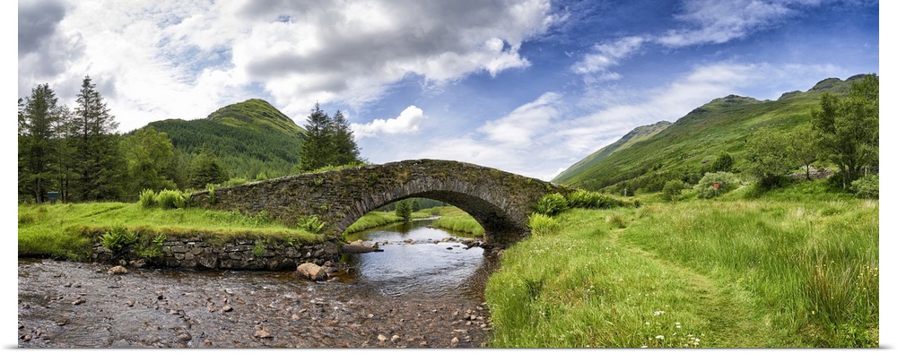Panoramic view of Butter Bridge over Kinglas Water in the Loch Lomond National Park in Scotland.