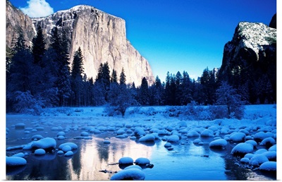 California, Yosemite National Park, Snowy Landscape Of El Capitan And Merced River