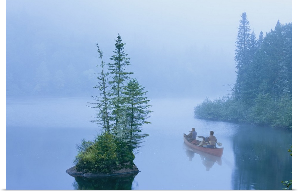 Canoe In The Mist On Jacques-Cartier River At Dawn In Jacques-Cartier National Park; Quebec Canada