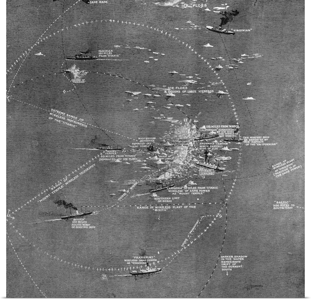 Chart Of The Rms Titanic Wreck Site Showing Ships Within Call By Wireless At The Time Of The Collision.