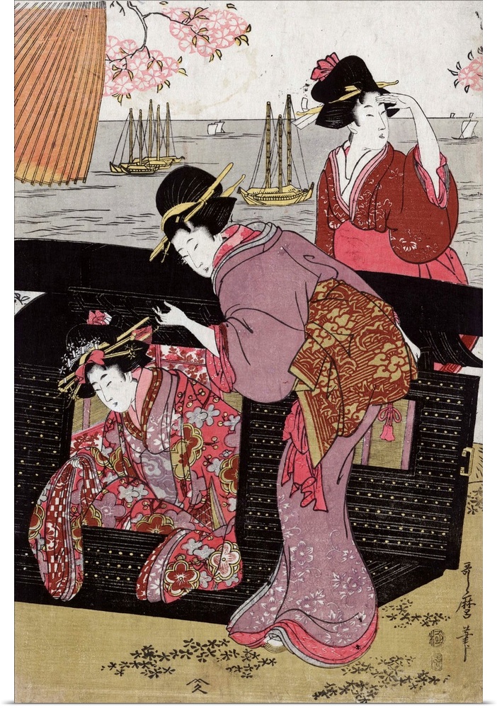 Cherryviewing at Gotenyama by Utamaro Kitagawa. Print of a woman helping another woman get out of a sedan chair and anothe...