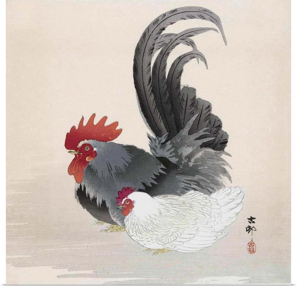 Chicken and Rooster, by Japanese artist Ohara Koson, 1877 - 1945.  Ohara Koson was part of the shin-hanga, or new prints m...