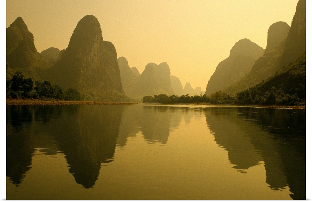 China, Guilin, Piled Silk Mountains, Li River With Reflections In Water