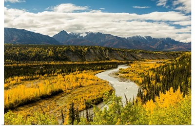Chugach Mountains with the Matanuska River and valley in autumn in Alaska