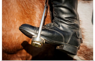Close up of a riding boot in stirrups in Baltimore County, Maryland