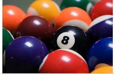 Close Up Of Pool Balls Racked On A Billiard Table Focused On The Eight Ball