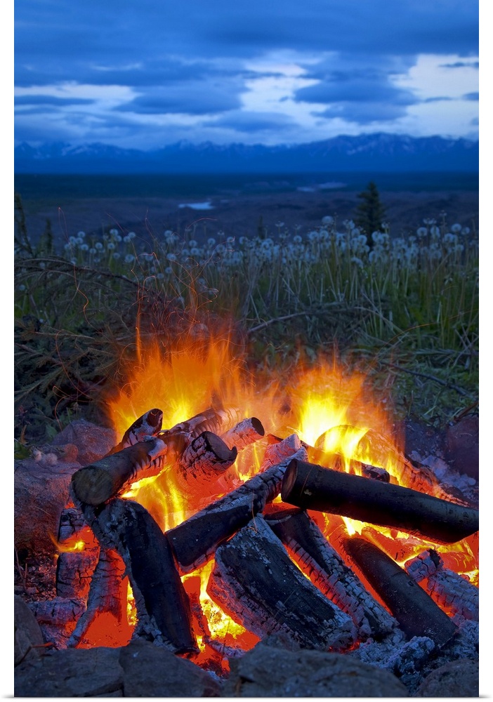 Up-close photograph of fire pit with flower meadow in the background under a dark cloud sky.