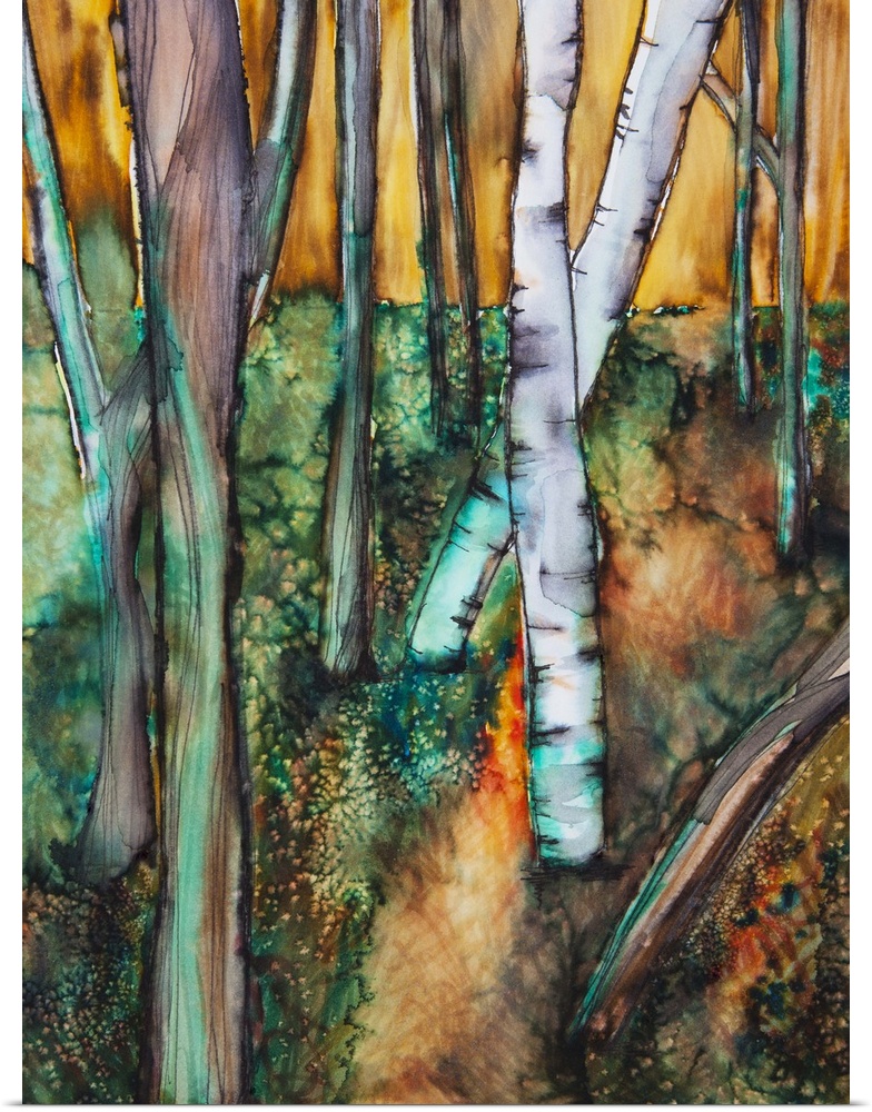 Watercolor painting of a colorful forest