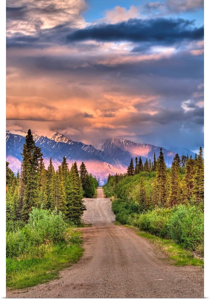 Colorful clouds at sunset over the Wrangell Mountains and Nabesna Road in Wrangell-St. Elias National Park and Preserve, S...