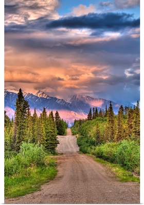 Colorful clouds at sunset over the Wrangell Mountains and Nabesna Road