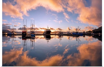 Commercial Fishing Boats In Auke Bay At Sunset, Southeast Alaska, Juneau, Alaska, USA