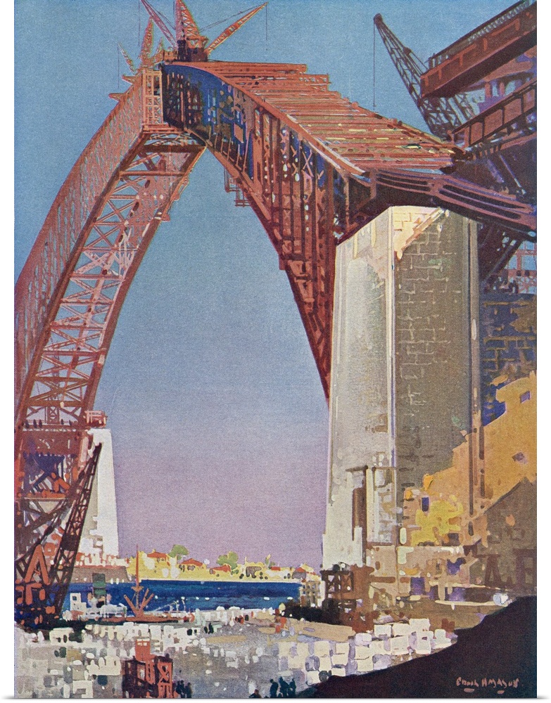 Completing the arch of Sydney Harbour Bridge, Australia.  From The Wonder Book of Science, published 1930's.