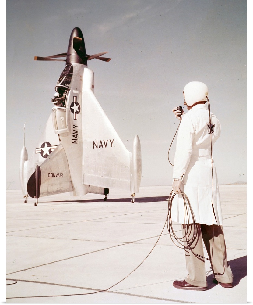 Colour photograph taken of the Convair XFY Pogo, an experimental turboprop powered tailsitting fighter. Dated 20th Century.