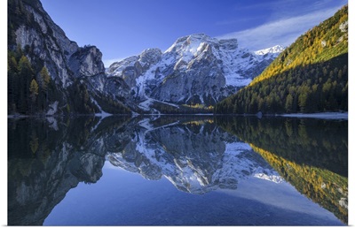 Croda Del Becco Reflected In Braies Lake In Autumn, Trentino Alto Adige, Italy
