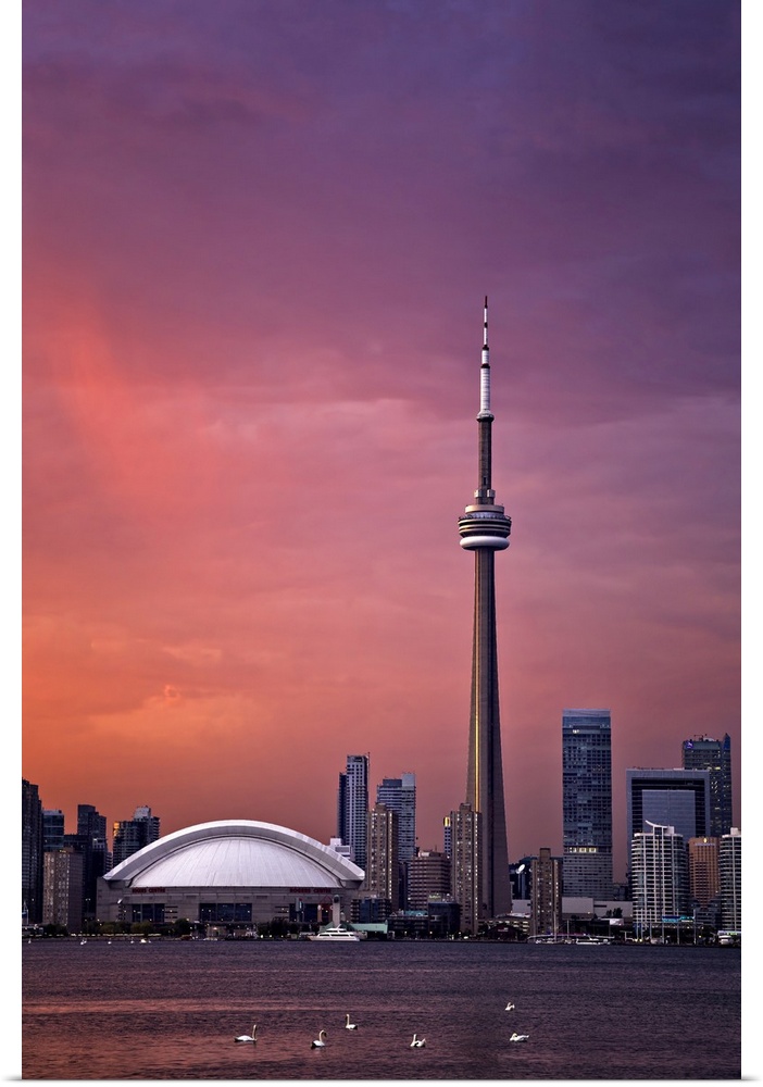 Downtown Toronto across Lake Ontario at sunset.