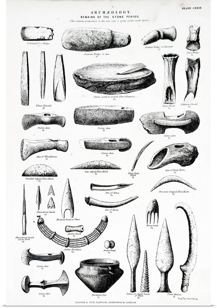 Engraving depicting the remains of Stone Age tools including: Polished front wedge, granite wedge or axe, granite wedge or...