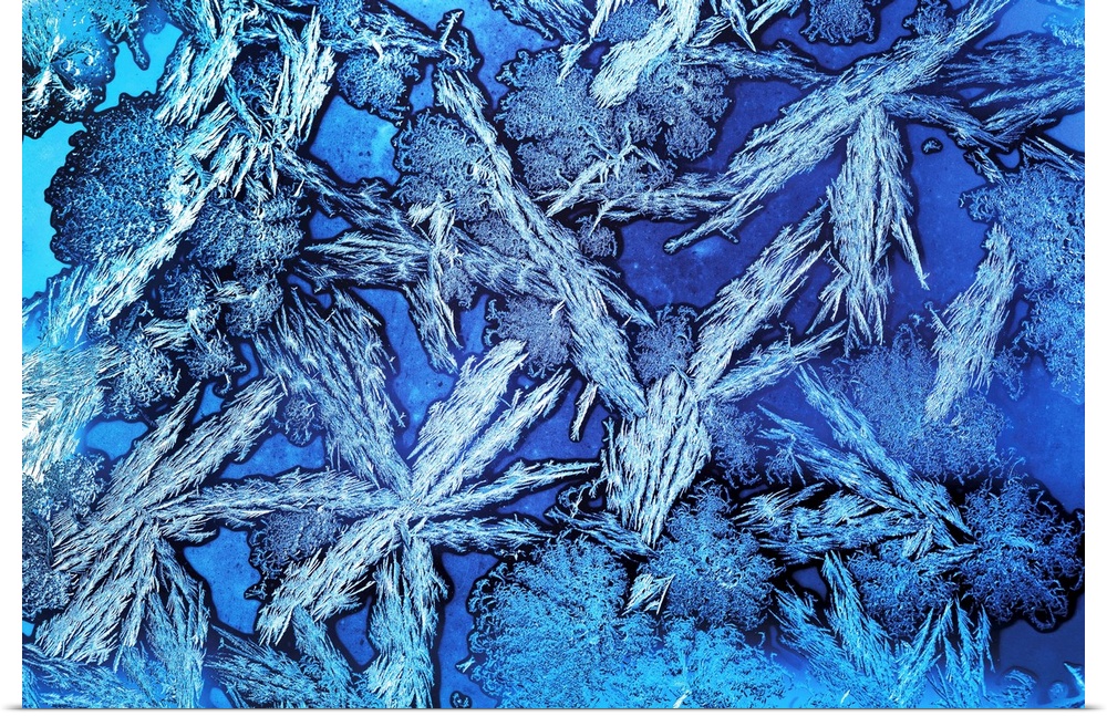 Extreme close-up of frost crystals patterns on glass, Calgary, Alberta, Canada.