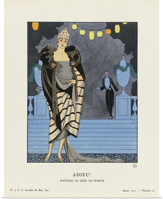 Farewell! Evening Coat By Worth, Art-Deco Fashion Illustration By Artist George Barbier