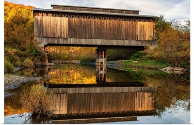 Fisher covered railroad bridge over Lamoille River in autumn, Wolcott, Vermont