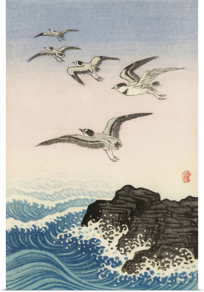 Five Seagulls Above a Rock in the Sea by Japanese artist Ohara Koson, 1877 - 1945.  Ohara Koson was part of the shin-hanga...