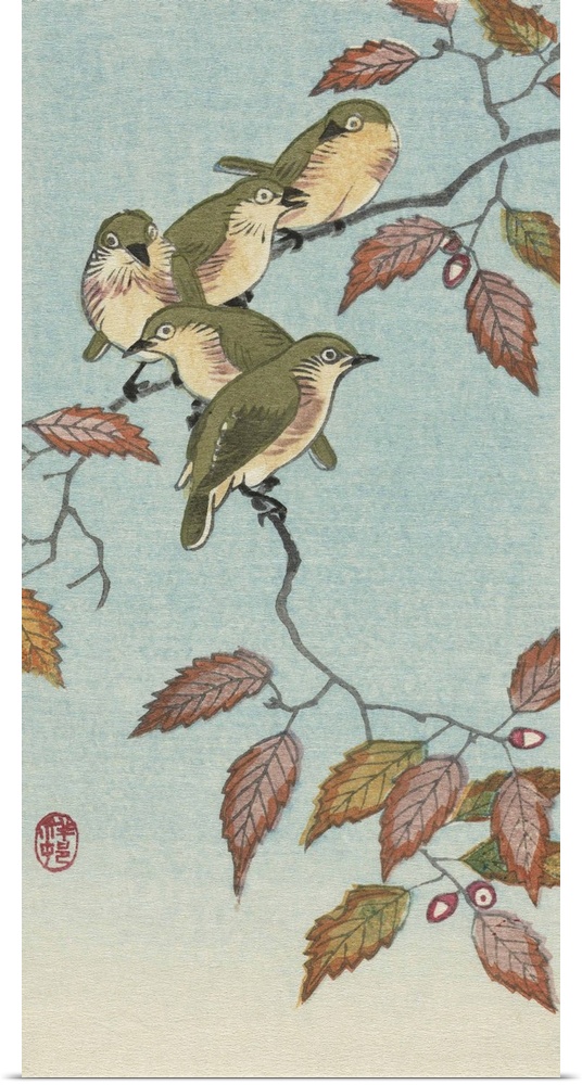 Five Small Birds on a Twig, by Japanese artist Ohara Koson, 1877 - 1945.  Ohara Koson was part of the shin-hanga, or new p...