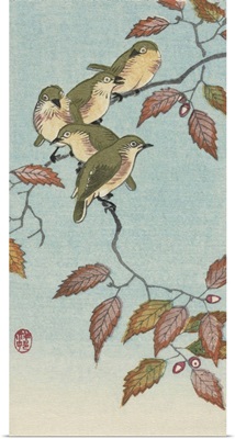 Five Small Birds On A Twig By Japanese Artist Ohara Koson