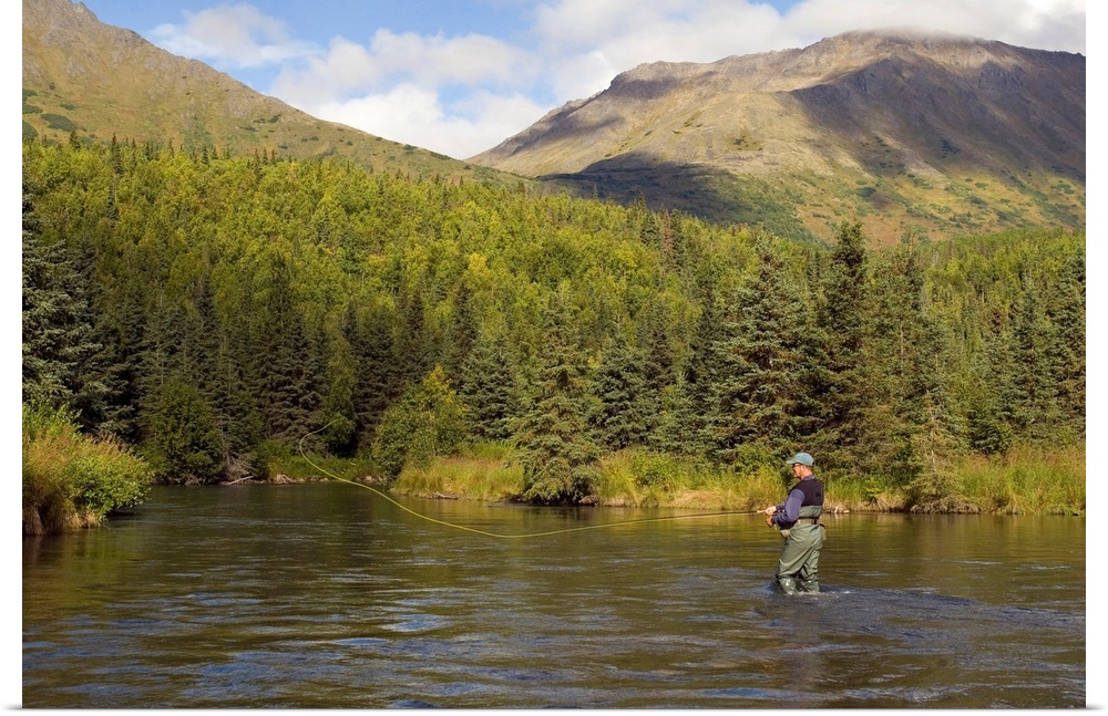 Fly Fisherman Casting for Rainbow Trout or Dolly Varden - Quartz Creek - Kenai Peninsula Alaska - Kenai Mountains