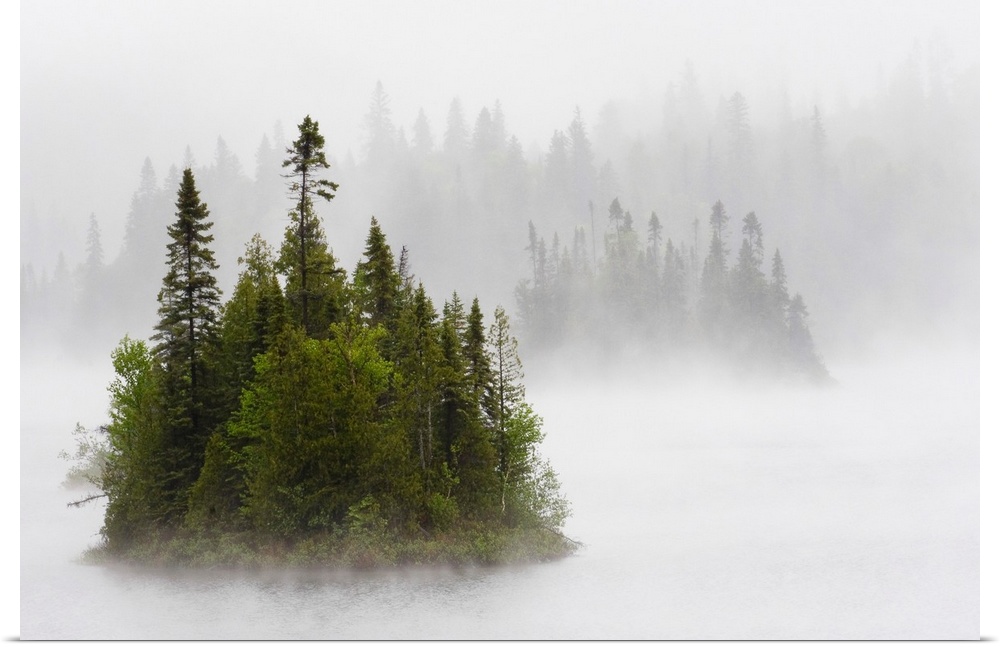 Fog And Rain Around An Island In Fenton Lake, Ontario, Canada